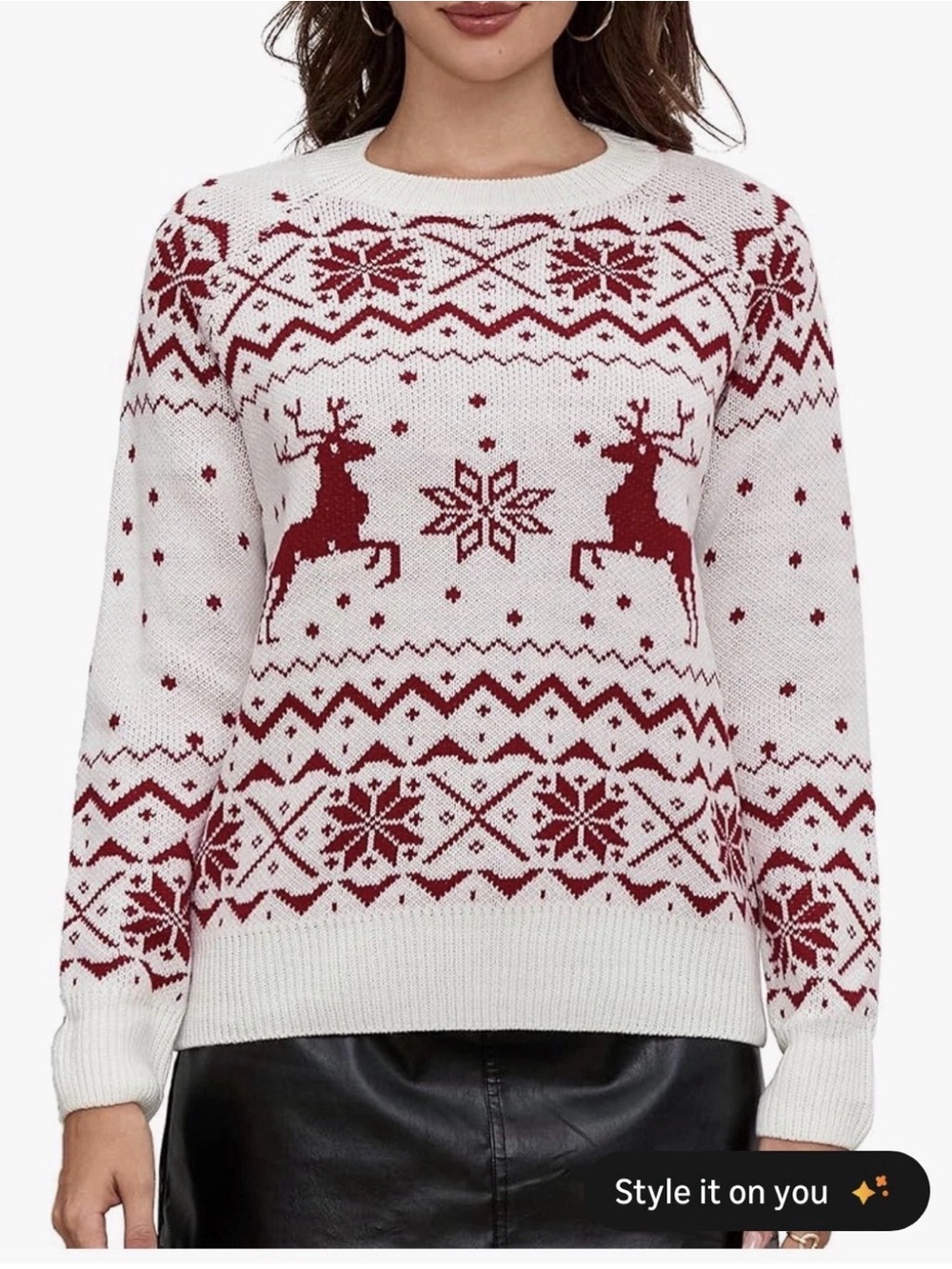Women’s White and Red Reindeer Fair Isle Crewneck Sweater Size M